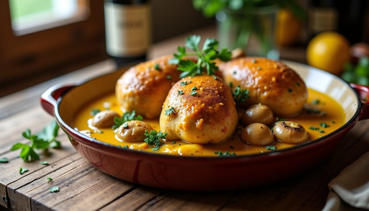 Recette traditionnelle du poulet au vin jaune : un plat savoureux et simple à réaliser